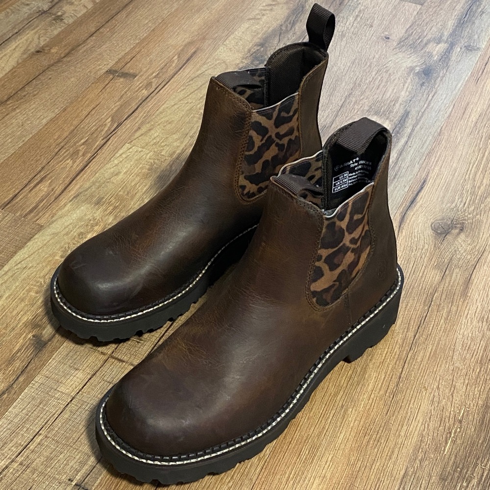Ariat Fatbaby Brown Leather Leopard Print Chelsea Boots Women's Size 9B